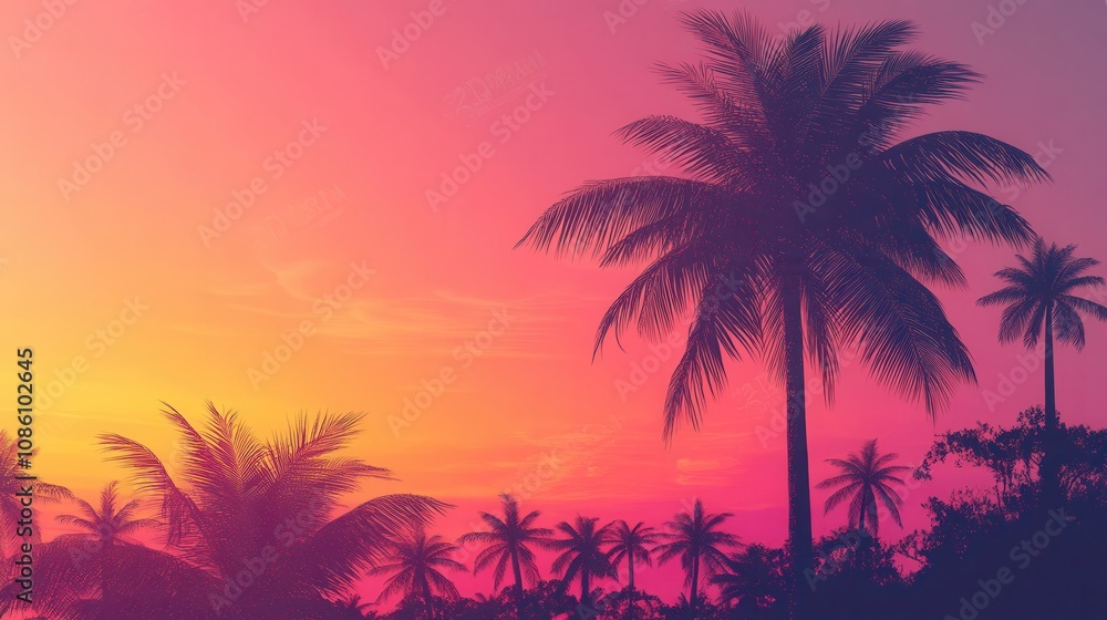 Naklejka premium Vivid pink and orange sky with silhouetted palm trees at sunset creating a tropical evening atmosphere