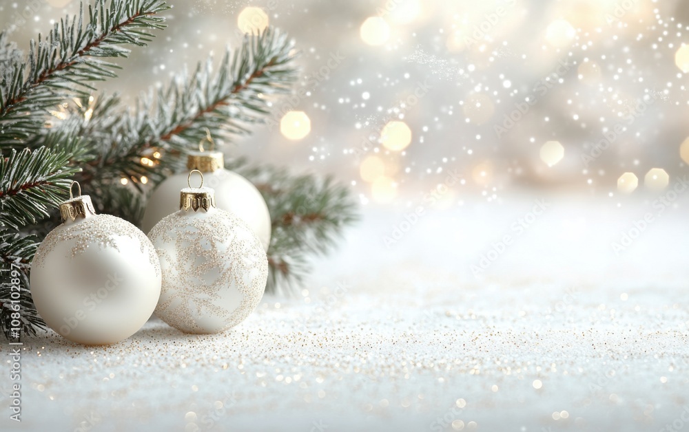 Fototapeta premium Festive Christmas background with ornaments resting on a fir branches with soft bokeh lights with copy space