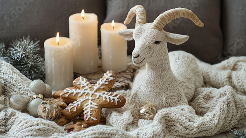 Cozy Scandinavian Christmas setup featuring yule goat decorations and candles for festive winter cheer photo