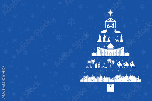 Christmas Nativity scene background. Christmas tree shape with nativity scene elements, on snowflakes background. Greeting card vector illustration.