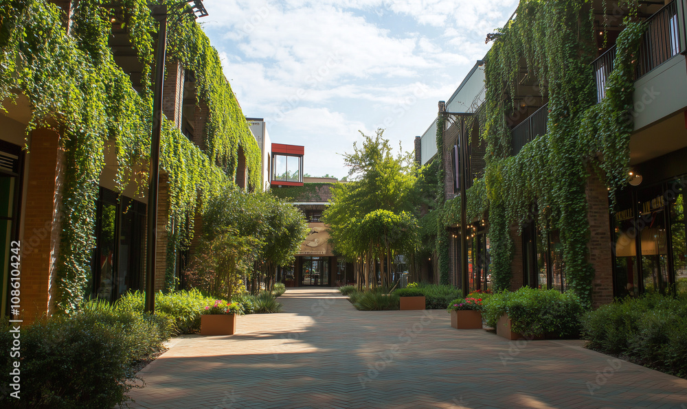 Obraz premium Modern Urban Square Adorned with Boutiques and Cascading Ivy Revisited