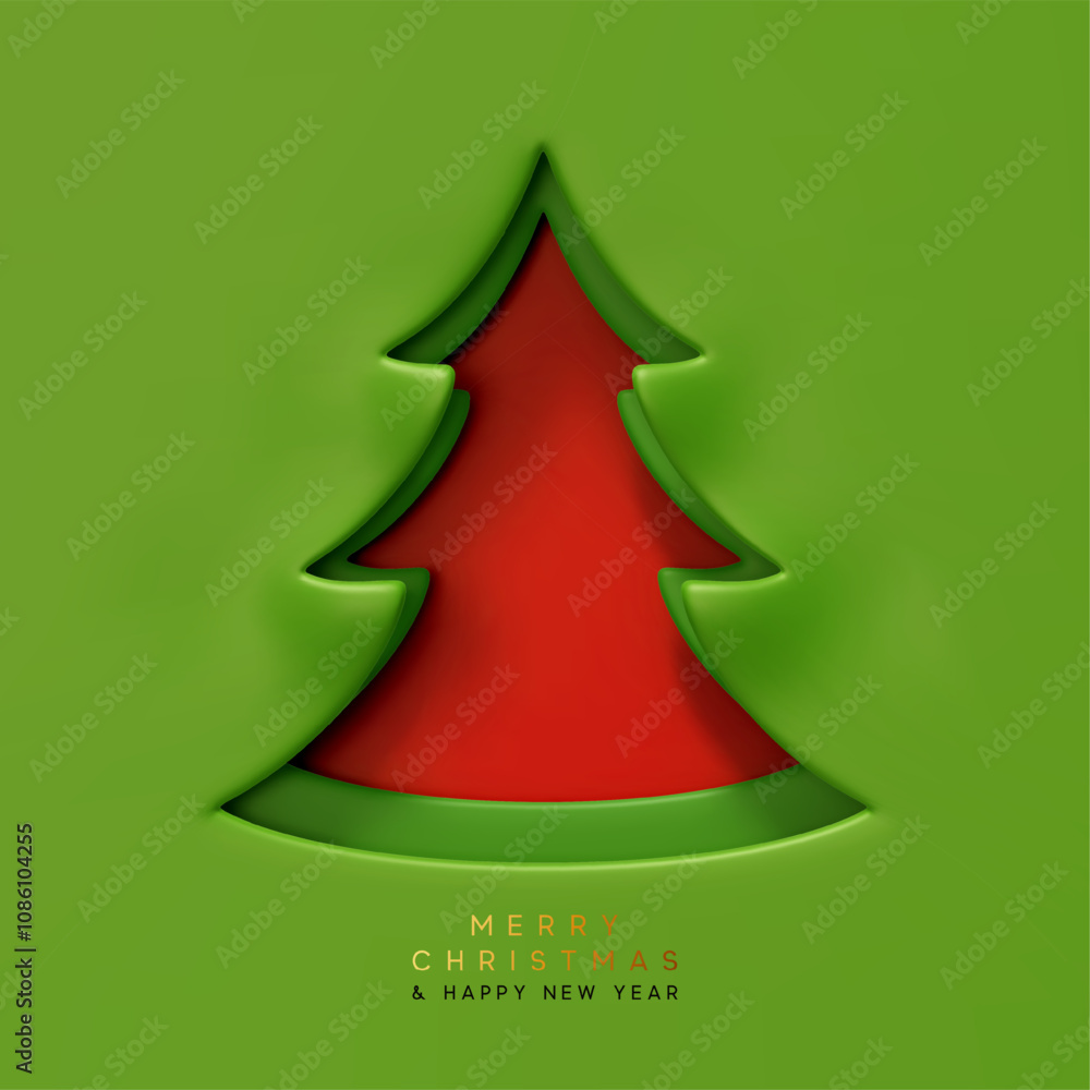 Red Christmas tree cutout with a green paper background and minimalist design. Merry Christmas and Happy New Year festive banner and poster. Xmas greeting card. vector illustration Red Christmas tree cutout with a green paper background and minimalist design. Merry Christmas and Happy New Year festive banner and poster. Xmas greeting card. vector illustration