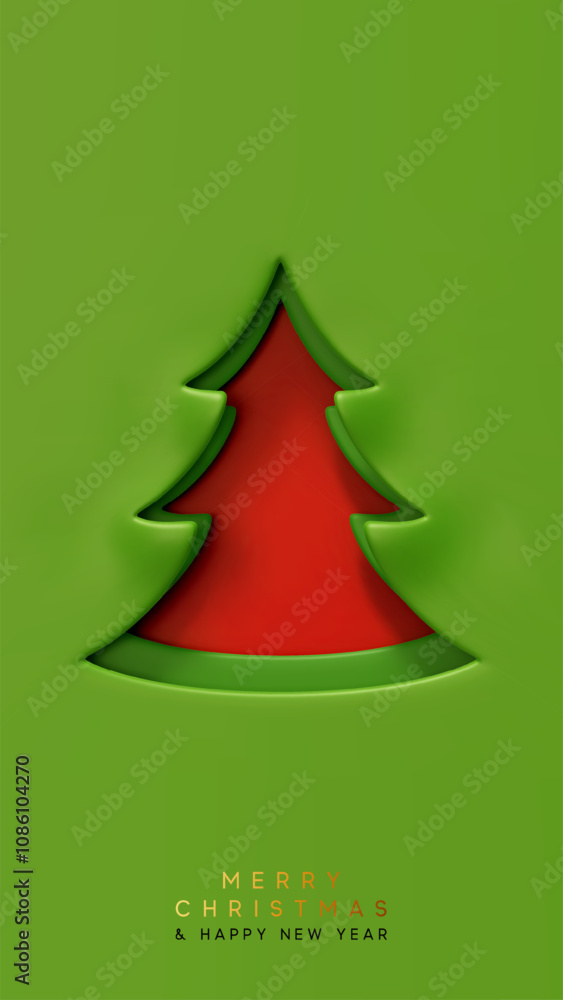 Red Christmas tree cutout with a green paper background and minimalist design. Merry Christmas and Happy New Year festive banner and poster. Xmas greeting card. vector illustration Red Christmas tree cutout with a green paper background and minimalist design. Merry Christmas and Happy New Year festive banner and poster. Xmas greeting card. vector illustration