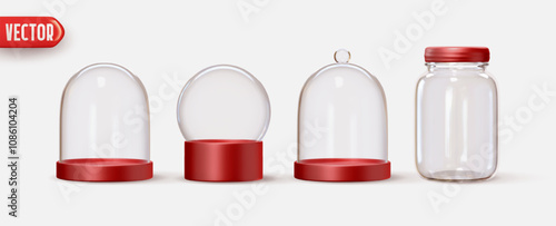Collection Christmas decorative objects in realistic 3d design of empty glass Xmas domes, glass snow globe and jars with red bases. Vector illustration