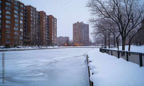 Unbroken Snow Surface: Icy Urban Reservoir in Snowy Urban Setting photo