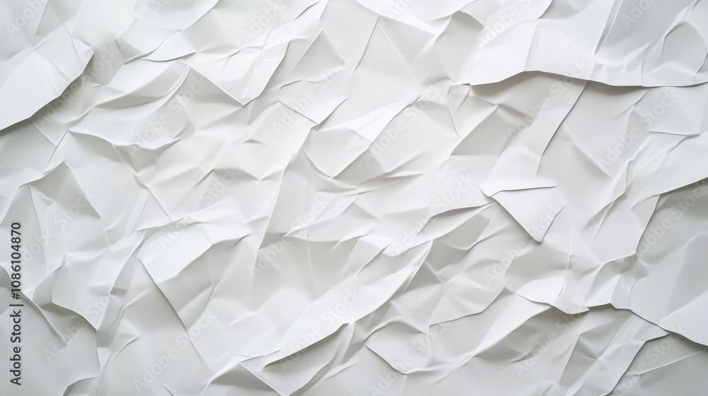 Textured white crumpled paper background showcasing intricate folds and shadows. Textured white crumpled paper background showcasing intricate folds and shadows.