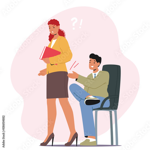 Man employee touching slapping on female butt demonstrating inappropriate behavior to colleague