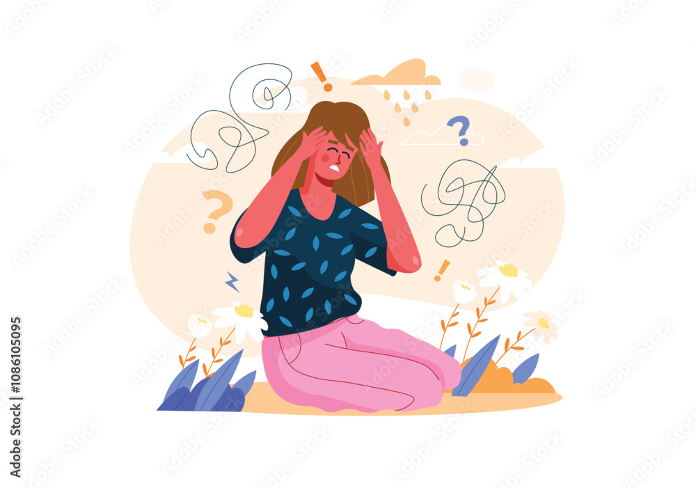 A woman sits on the ground holding her head with her hands, surrounded by swirling patterns and flowers, expressing feelings of confusion. Vector illustration A woman sits on the ground holding her head with her hands, surrounded by swirling patterns and flowers, expressing feelings of confusion. Vector illustration