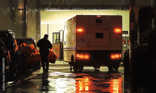 Loading Mailbags into a Postal Truck at Sorting Station with Sparkling Raindrops photo