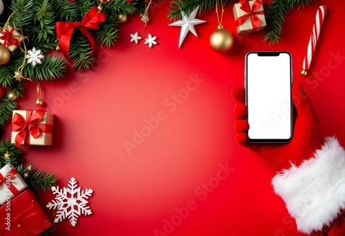 Christmas concept, Santa Claus hand holding a smartphone with blank screen with copy space on red background
