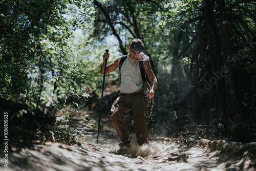 Young man hiking on a forest trail with trekking pole, showcasing adventure, nature, and fitness in an outdoor setting. photo