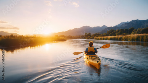 Kayaker paddling in calm waters at sunset, exploring scenic rivers and enjoying nature’s beauty