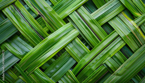 Wicker rug made of fresh coconut palm leaves, natural abstract background photo photo