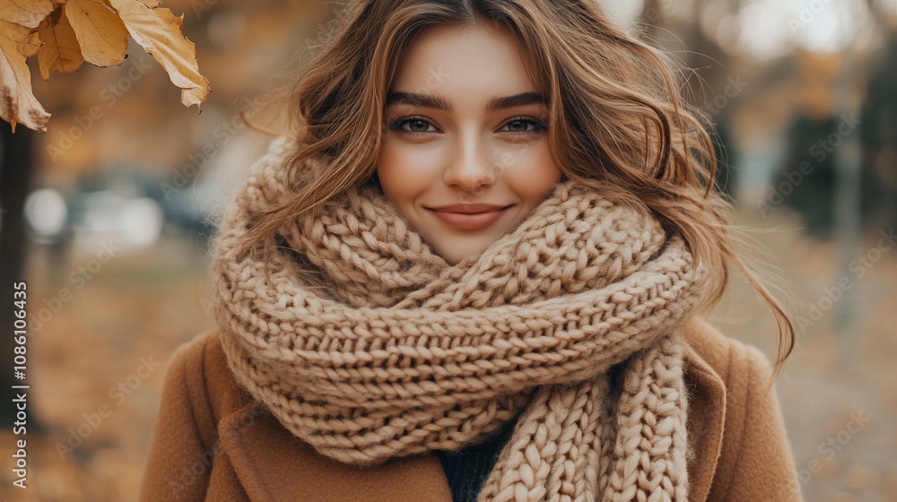 Beautiful woman smiling in autumn park, wearing a cozy knit scarf. Beautiful woman smiling in autumn park, wearing a cozy knit scarf.