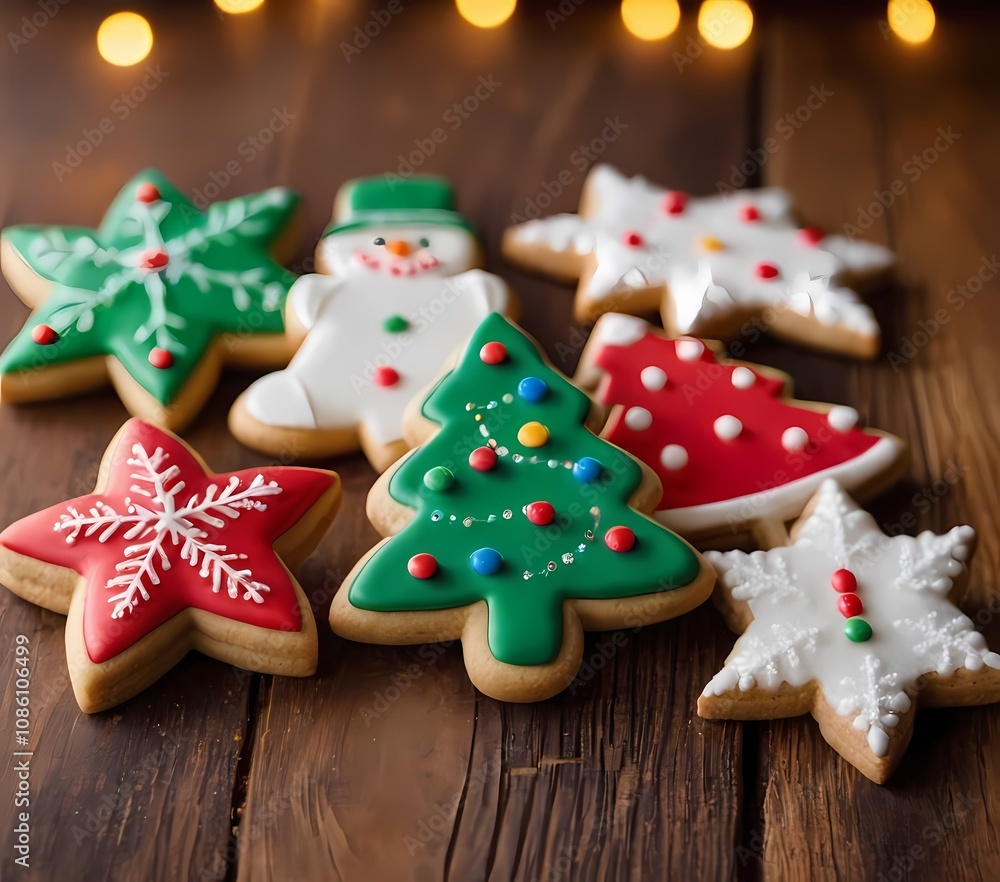 decorated holiday cookies arranged on a rustic wooden table against a background of twinkling lights decorated holiday cookies arranged on a rustic wooden table against a background of twinkling lights