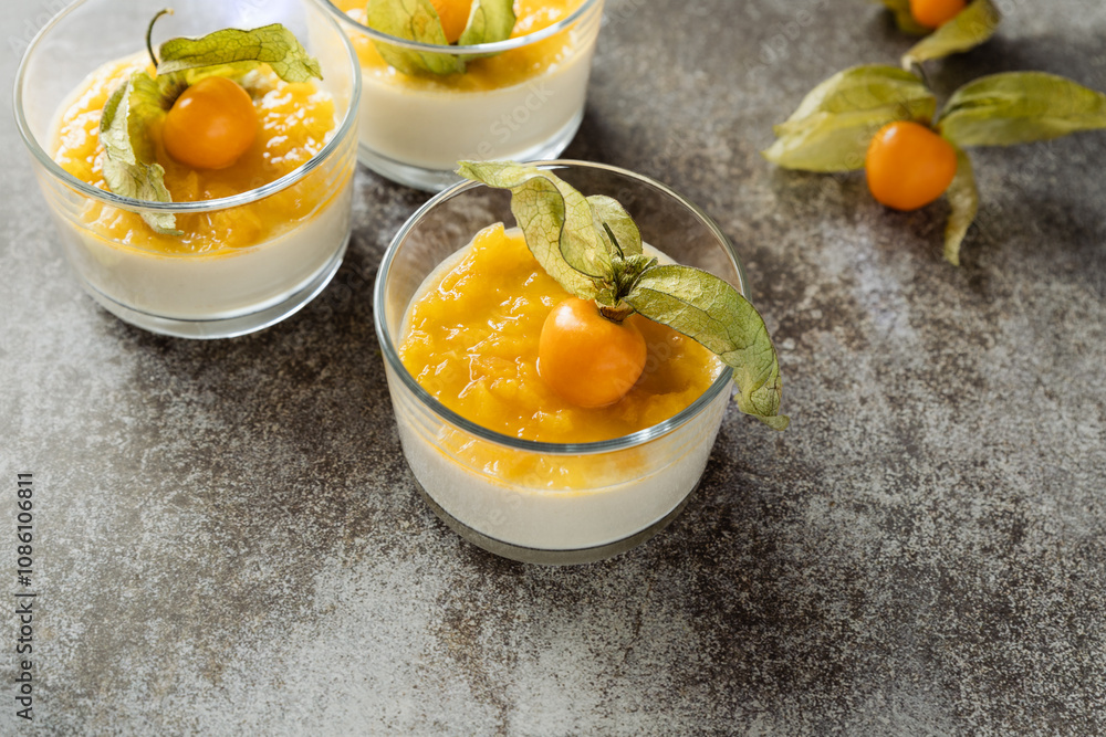 Vanilla cream and physalis (gooseberry) in glasses on dark grey background Vanilla cream and physalis (gooseberry) in glasses on dark grey background
