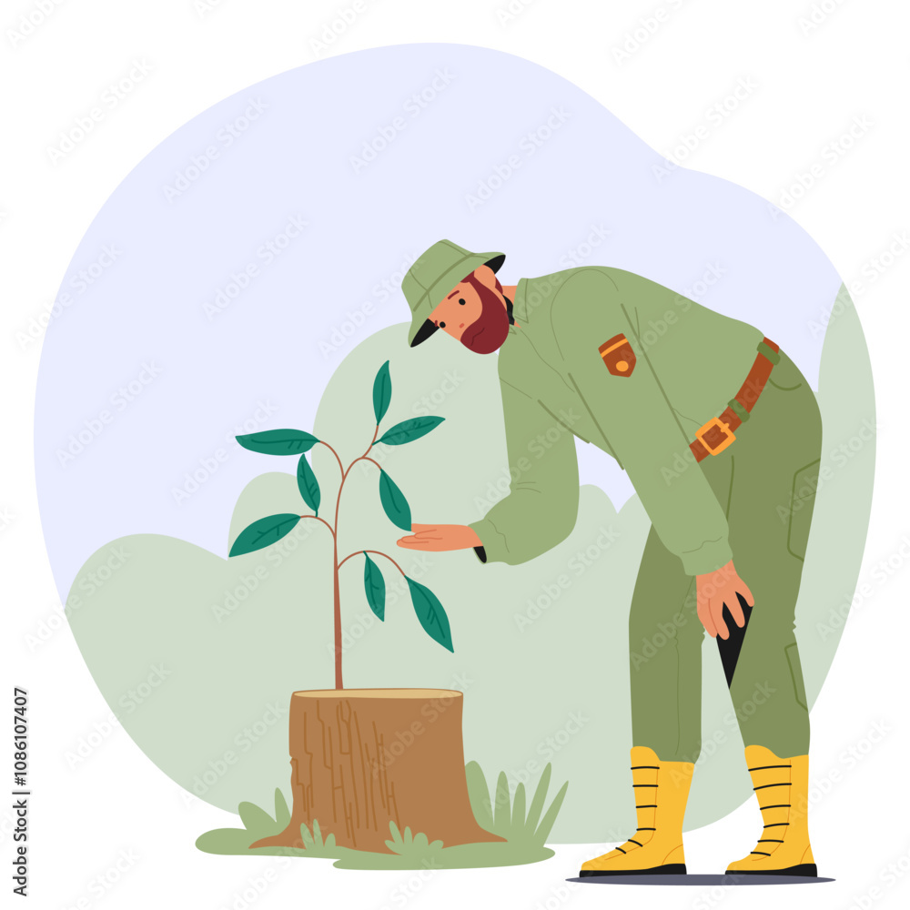 Ταπετσαρία Man forest ranger character taking care of felled tree trunk with young green sp