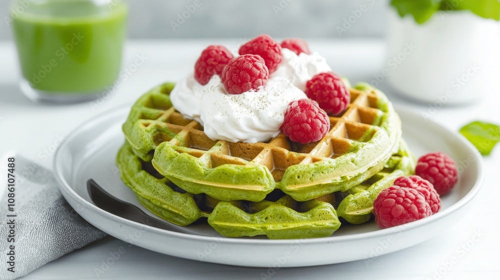 Delicious matcha waffles topped with cream and fresh raspberries for a delightful afternoon treat Delicious matcha waffles topped with cream and fresh raspberries for a delightful afternoon treat