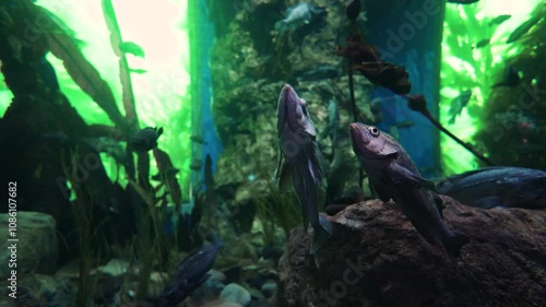 Beautiful fish among algae and rocks. The underwater world in the aquarium