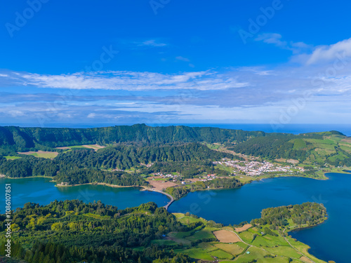 Azores landscape panoramic view. Aerial drone view of Sete Cidades, Lagoa Azul, Miradouro da Grota do Inferno viewpoint in Sao Miguel Island, Portugal