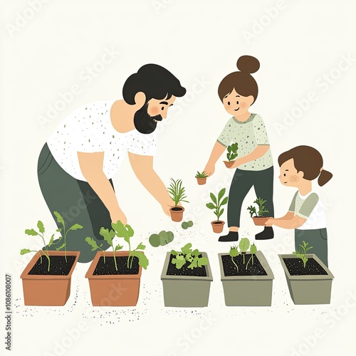 Illustration of a family planting vegetables in a garden with DIY seedling kits, in a flat design style, playful and instructive, highlighting the importance of sustainable gardening. photo