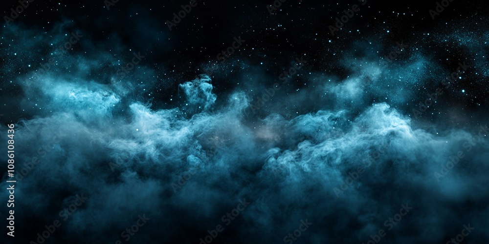 Fototapeta premium Mysterious Blue Fog Illuminated by Distant Stars in a Dark Night Sky, Creating an Ethereal Atmosphere That Invites Exploration and Wonder
