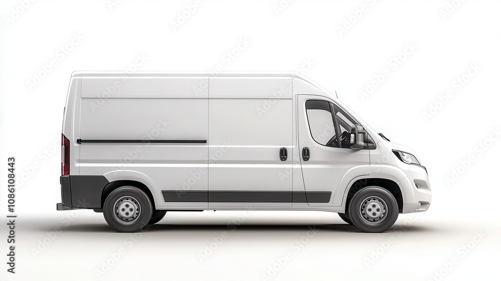 A white delivery van seen from the side against a plain white background, ready for urban transportation and logistics tasks during daylight A white delivery van seen from the side against a plain white background, ready for urban transportation and logistics tasks during daylight