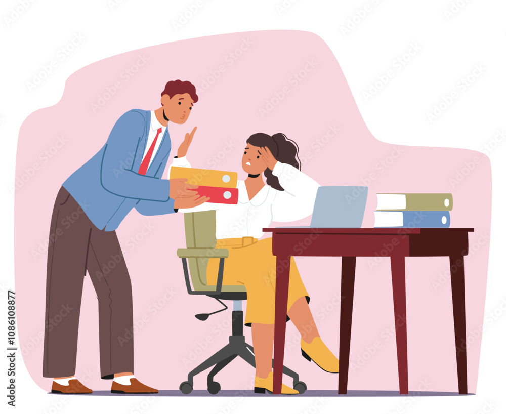 Man coworker demonstrating unwanted attention to woman employee trying to kiss her in office Man coworker demonstrating unwanted attention to woman employee trying to kiss her in office