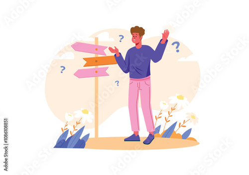 A young man stands by a directional signpost, looking confused and uncertain, with flowers and rocks around him. Vector illustration