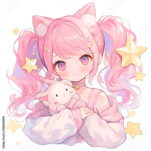 Cute anime girl with cat ears and a plush toy. Concept of kawaii, adorable, and fantasy.