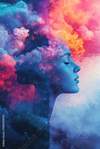 Surreal double exposure of woman silhouette in vibrant colored clouds for dreamy art concept. World Bipolar disorder Day. Vertical banner. Copy space. Dissociative identity disorder. Mental Health Day