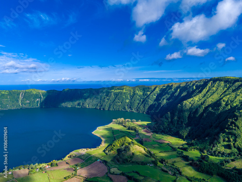 Azores landscape panoramic view. Aerial drone view of Sete Cidades, Lagoa Azul, Miradouro da Grota do Inferno viewpoint in Sao Miguel Island, Portugal