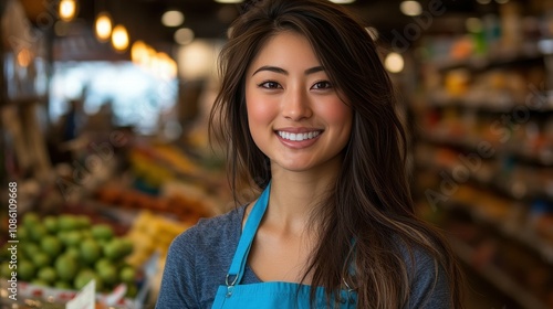 A cheerful young woman stands confidently in a bustling grocery store, surrounded by fresh fruits and vegetables, brightening the atmosphere with her friendly smile