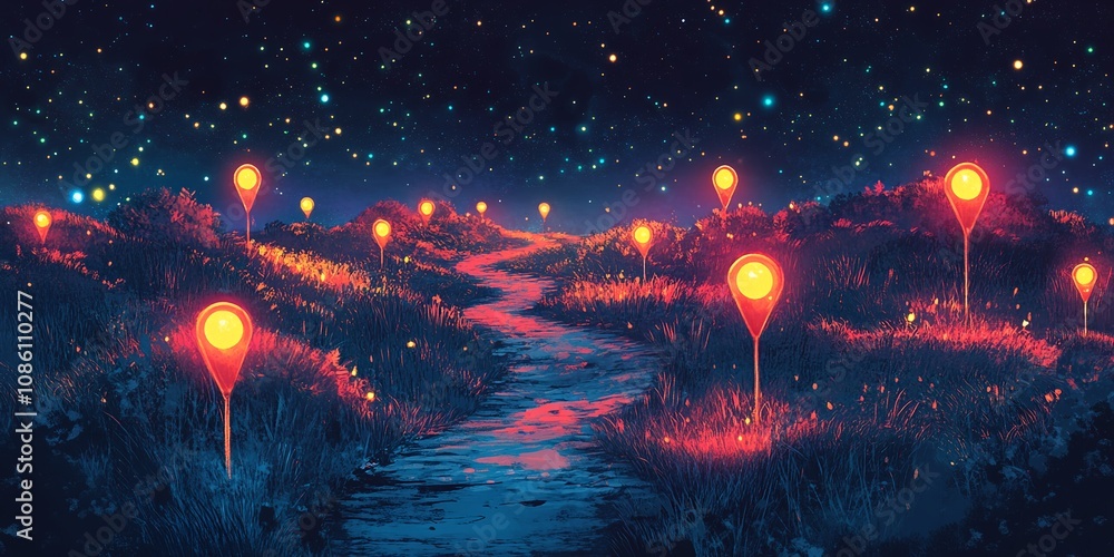 Obraz premium A Winding Pathway Illuminated by Glowing Markers Under a Starry Night Sky Creates a Mystical Atmosphere in a Serene Landscape