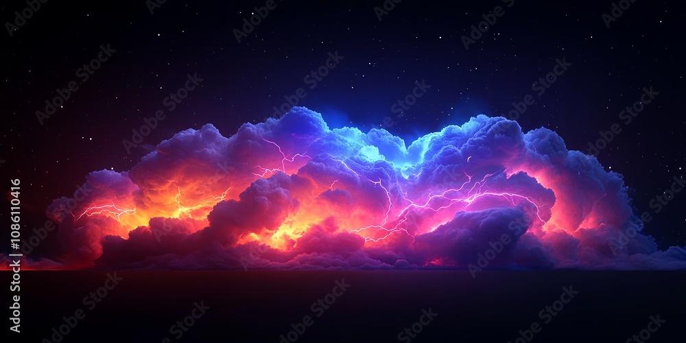 A Breathtaking View of Vibrant Electric Clouds Illuminated by Colorful Lightning in a Twilight Sky Over a Serene Landscape A Breathtaking View of Vibrant Electric Clouds Illuminated by Colorful Lightning in a Twilight Sky Over a Serene Landscape