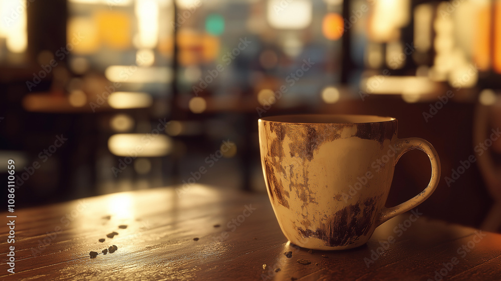 Empty coffee cup on wooden table with warm and cozy cafe background ambiance Empty coffee cup on wooden table with warm and cozy cafe background ambiance