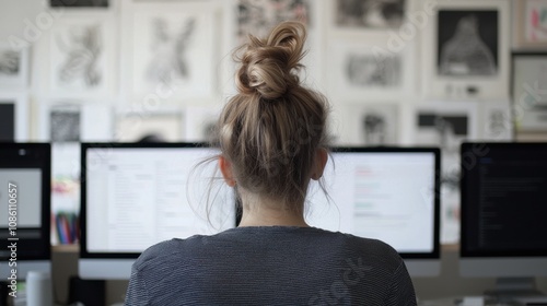 She is looking at the computer screen