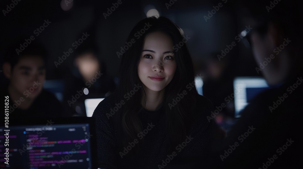 Fototapeta premium A woman is sitting at a computer with a man behind her