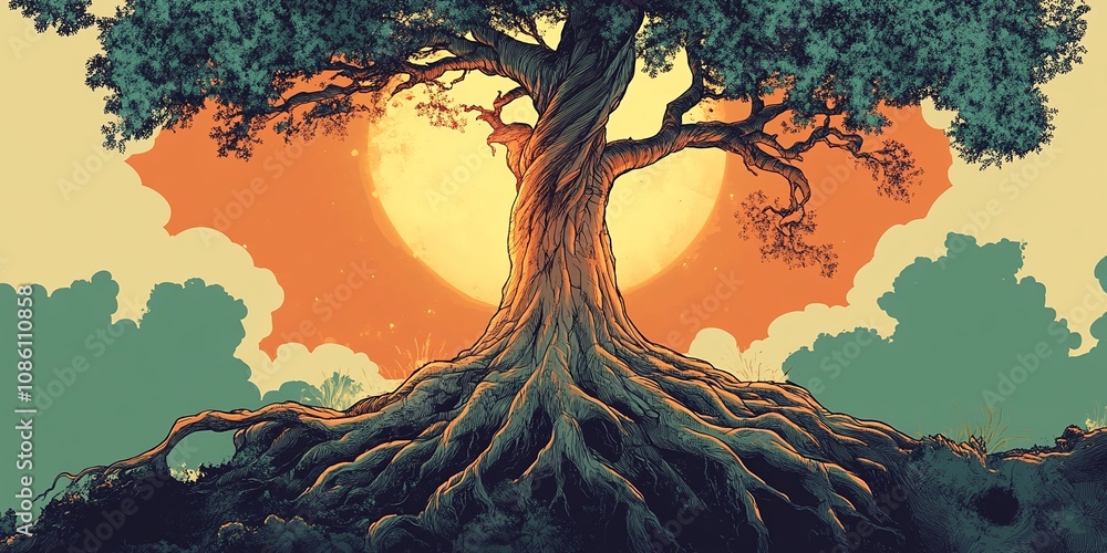 Fototapeta premium A Majestic Tree Stands Tall With Twisting Roots Beneath a Vibrant Sunset, Surrounded by a Colorful Sky and Distant Foliage, Showcasing Nature's Beauty in a Serene Landscape