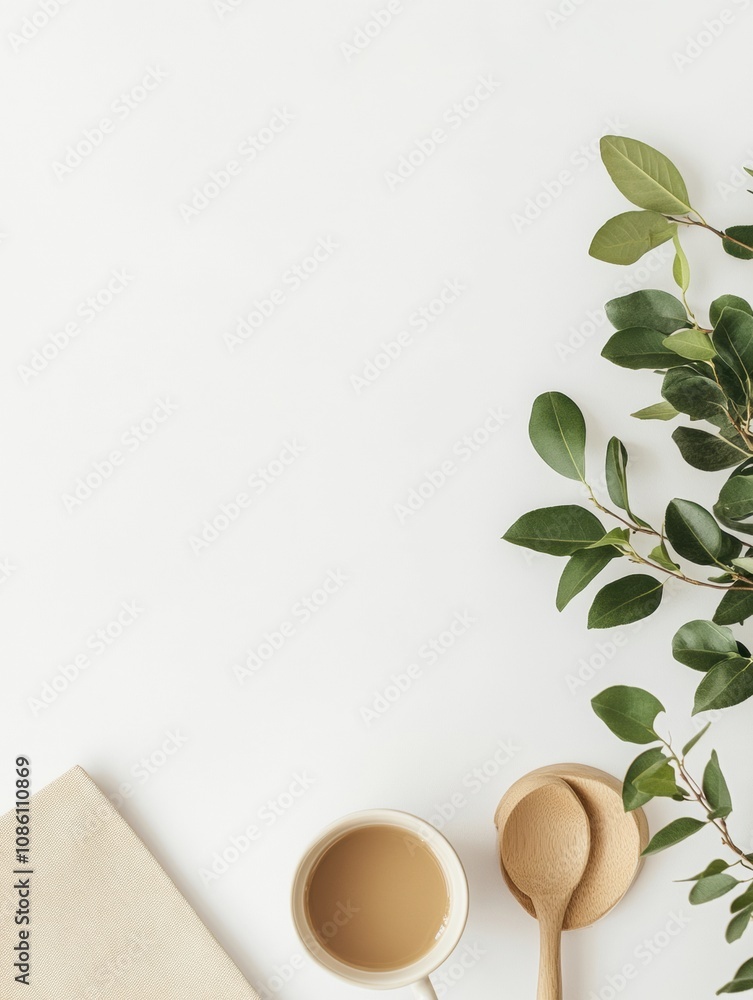 A cozy morning coffee setup featuring a cup, spoon, and fresh green leaves creating a serene atmosphere for relaxation. Generative AI A cozy morning coffee setup featuring a cup, spoon, and fresh green leaves creating a serene atmosphere for relaxation. Generative AI