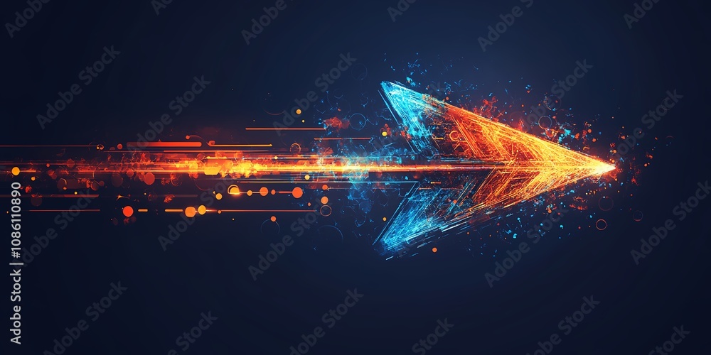 Obraz premium Vibrant Arrow Design With Dynamic Motion Effects in Blue and Orange on a Dark Background Representing Speed and Direction