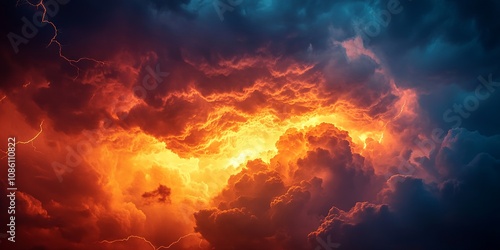 Spectacular Sunset Clouds Illuminated by Fiery Orange and Deep Blue Hues During an Evening Storm Over the Horizon