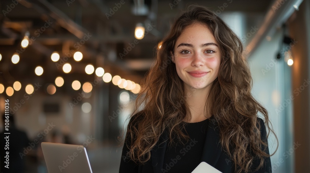A woman with long brown hair is smiling and holding a laptop and a book A woman with long brown hair is smiling and holding a laptop and a book