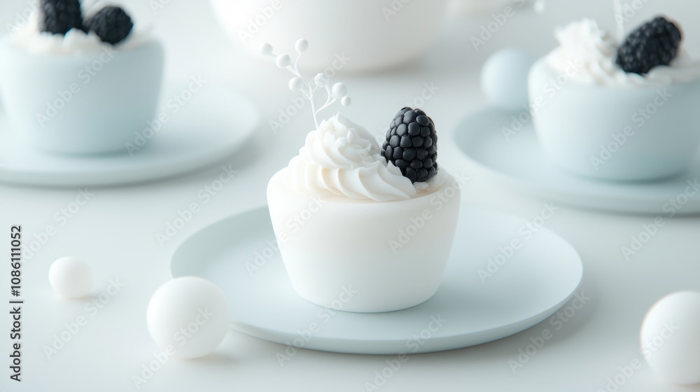 Three white cupcakes with blackberries on top sit on a white plate Three white cupcakes with blackberries on top sit on a white plate
