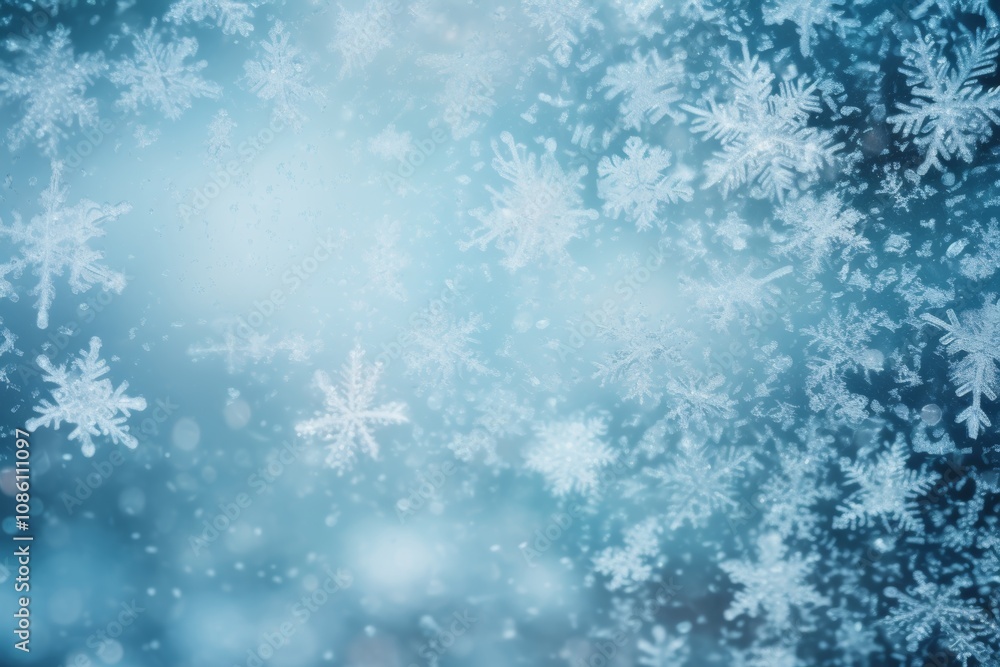 Soft Blue Background with Delicate Snowflakes and Sparkling Bokeh, Winter Wonderland Backdrop Soft Blue Background with Delicate Snowflakes and Sparkling Bokeh, Winter Wonderland Backdrop
