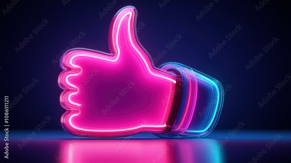 A vibrant neon thumbs up sign radiates bright pink and blue hues against a deep black background, creating a lively and energetic atmosphere perfect for nightlife A vibrant neon thumbs up sign radiates bright pink and blue hues against a deep black background, creating a lively and energetic atmosphere perfect for nightlife
