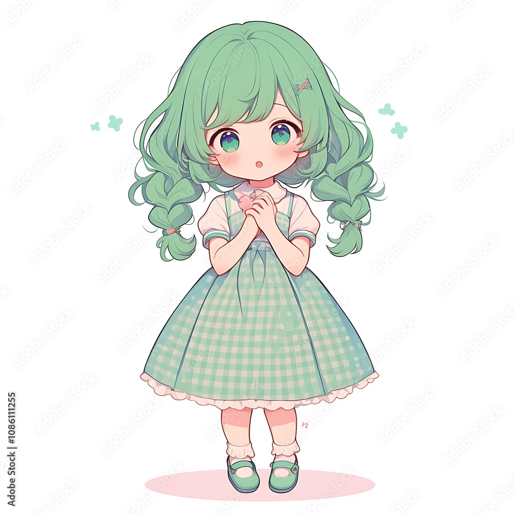 Cute anime girl with green hair and dress. Concept of adorable, childlike innocence. Cute anime girl with green hair and dress. Concept of adorable, childlike innocence.