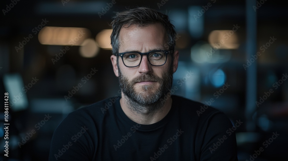A man with glasses and a beard is sitting in a dark room A man with glasses and a beard is sitting in a dark room