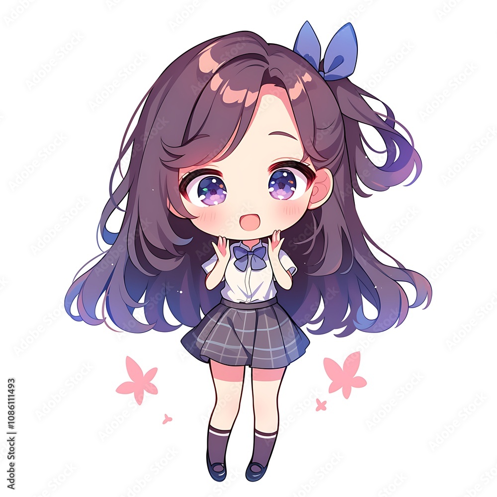 Cute anime girl in school uniform. Kawaii chibi illustration. Cute anime girl in school uniform. Kawaii chibi illustration.