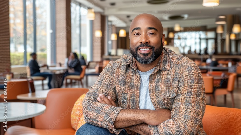 A smiling man with a well-groomed beard sits in a stylish cafe, displaying confidence and comfort. He enjoys his time in the inviting, warm space filled with people A smiling man with a well-groomed beard sits in a stylish cafe, displaying confidence and comfort. He enjoys his time in the inviting, warm space filled with people